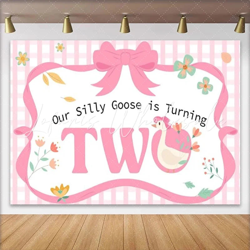 Lofaris Pink Gingham Silly Goose is Turning Two Birthday Backdrop Adorable Floral Baby Girl Party Decor