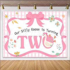 Lofaris Pink Gingham Silly Goose is Turning Two Birthday Backdrop Adorable Floral Baby Girl Party Decor