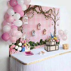 Lofaris Pink Gingham Spring Backdrop with Lush Flowers Birdhouses and Whimsical Trees Enchanting Garden Party Decor