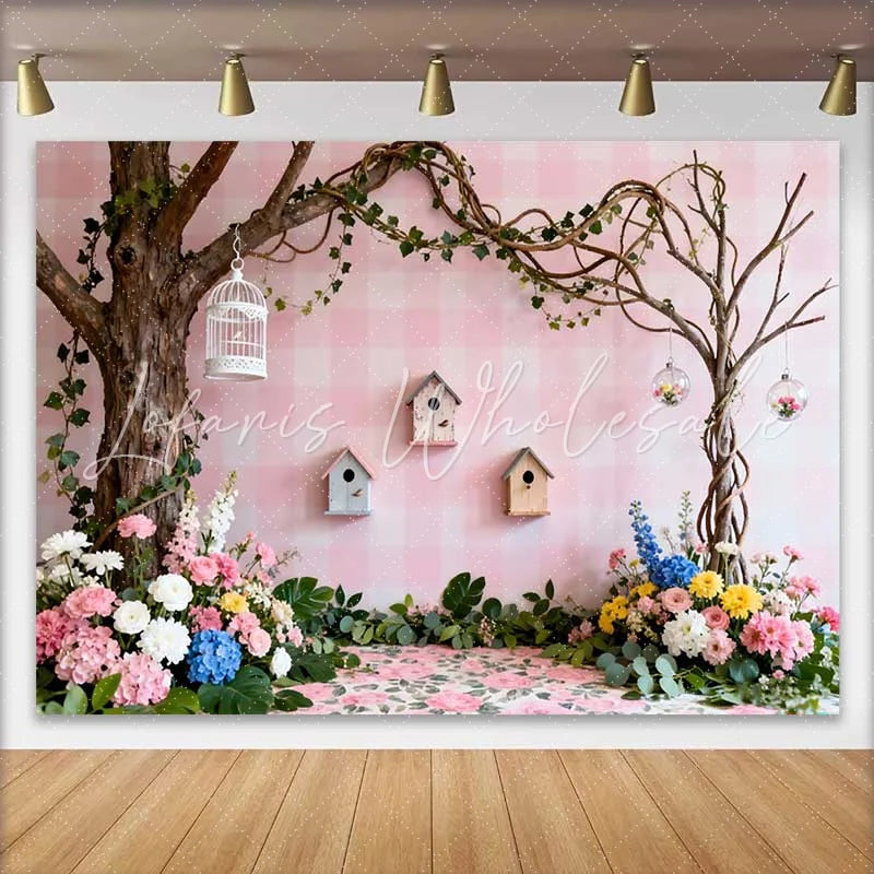 Lofaris Pink Gingham Spring Backdrop with Lush Flowers Birdhouses and Whimsical Trees Enchanting Garden Party Decor