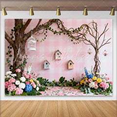 Lofaris Pink Gingham Spring Backdrop with Lush Flowers Birdhouses and Whimsical Trees Enchanting Garden Party Decor