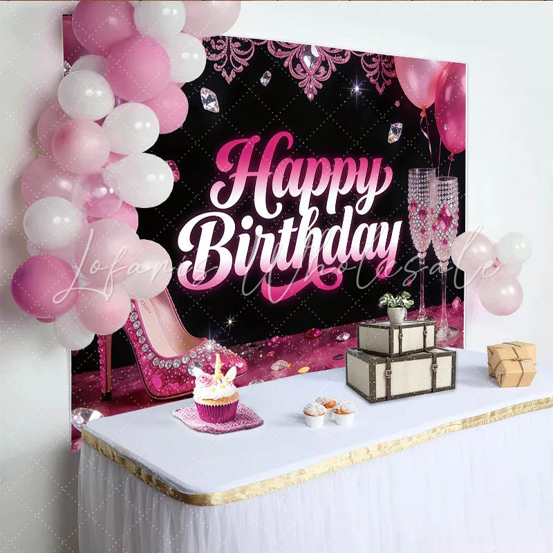 Lofaris Pink Glam Birthday Backdrop with High Heels and Champagne Glasses Sparkling Party Background for Women’s Celebration Photoshoot
