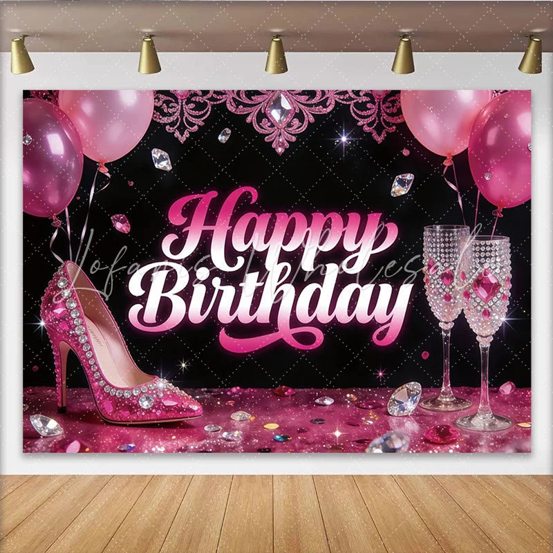 Lofaris Pink Glam Birthday Backdrop with High Heels and Champagne Glasses Sparkling Party Background for Women’s Celebration Photoshoot