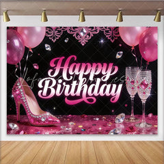 Lofaris Pink Glam Birthday Backdrop with High Heels and Champagne Glasses Sparkling Party Background for Women’s Celebration Photoshoot