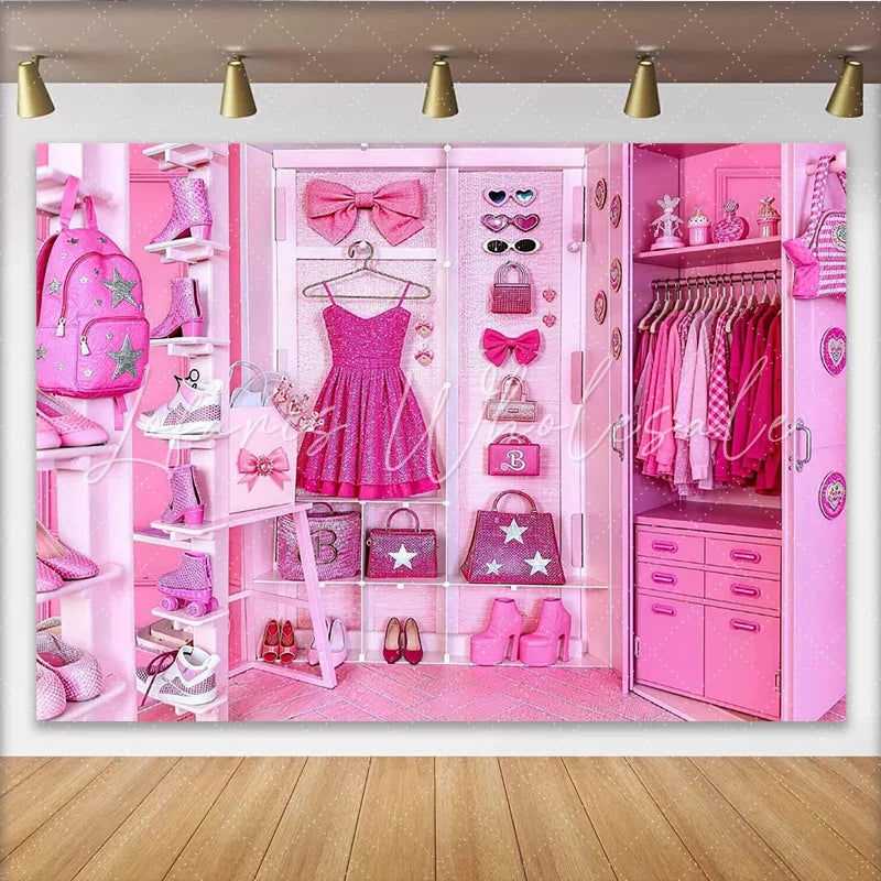 Lofaris Pink Glamour Fashion Closet Backdrop with Glitter Dress and Accessories Luxurious Studio Background for Girls Party and Photoshoot