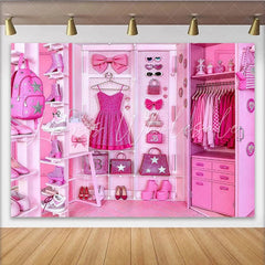 Lofaris Pink Glamour Fashion Closet Backdrop with Glitter Dress and Accessories Luxurious Studio Background for Girls Party and Photoshoot
