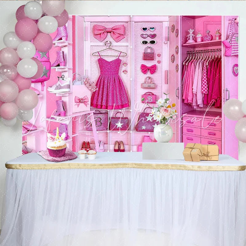 Lofaris Pink Glamour Fashion Closet Backdrop with Glitter Dress and Accessories Luxurious Studio Background for Girls Party and Photoshoot
