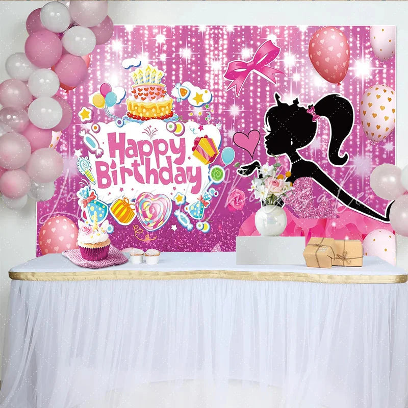 Lofaris Pink Glitter Girl Birthday Backdrop with Cake and Balloons Sparkling Party Decor for Photoshoot and Celebration