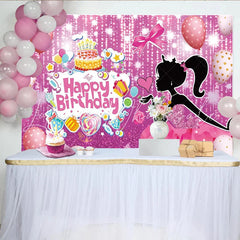 Lofaris Pink Glitter Girl Birthday Backdrop with Cake and Balloons Sparkling Party Decor for Photoshoot and Celebration