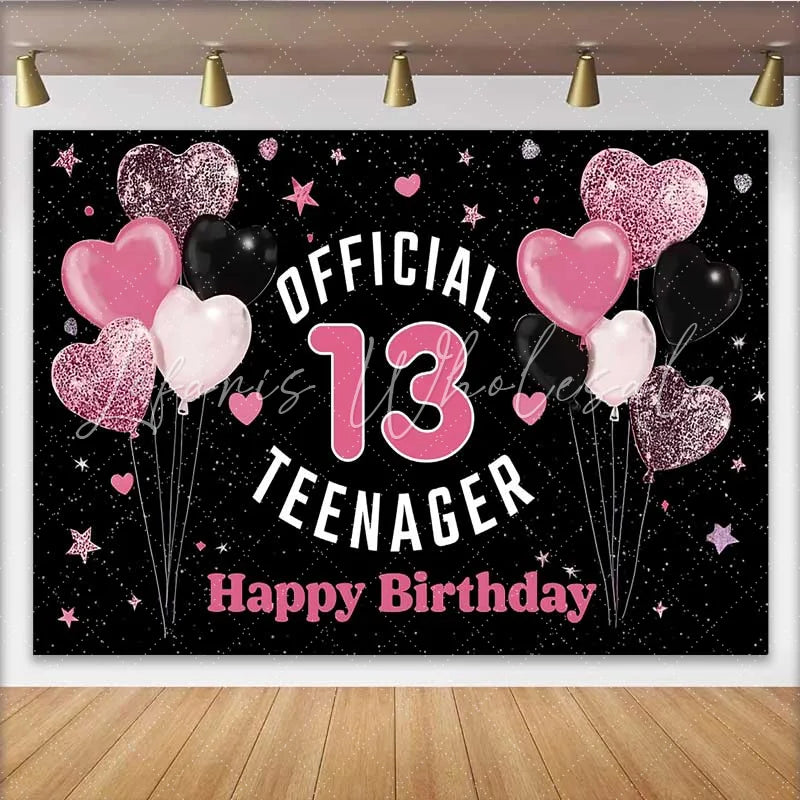 Lofaris Pink Glitter Hearts 13th Birthday Backdrop Official 13 Teenager Milestone Party Decoration