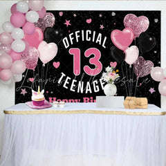 Lofaris Pink Glitter Hearts 13th Birthday Backdrop Official 13 Teenager Milestone Party Decoration