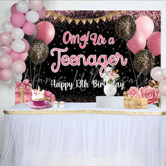 Lofaris Pink Glitter Omg! Ur a Teenager 13th Birthday Backdrop Pink and Black Milestone Party Decoration