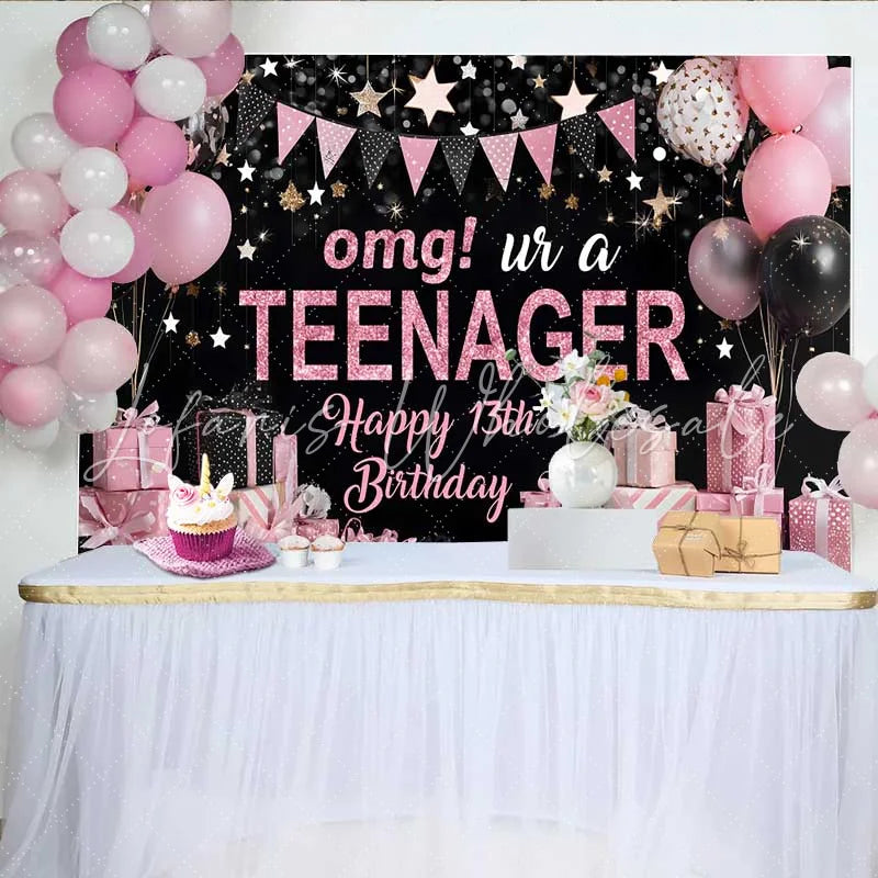 Lofaris Pink Glitter OMG UR A TEENAGER Backdrop 13th Birthday Milestone Gift Party Decoration