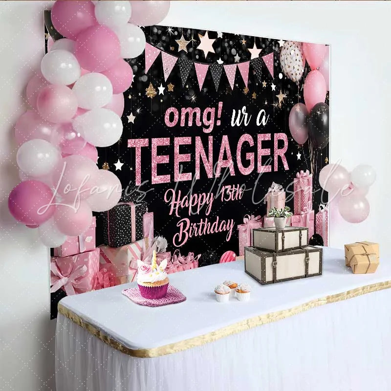 Lofaris Pink Glitter OMG UR A TEENAGER Backdrop 13th Birthday Milestone Gift Party Decoration