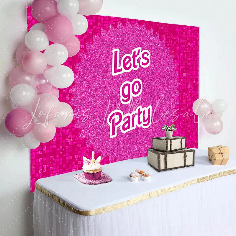 Lofaris Pink Glitter Party Birthday Backdrop with Lets Go Party Text Vibrant Pixelated Background for Celebration Photoshoot