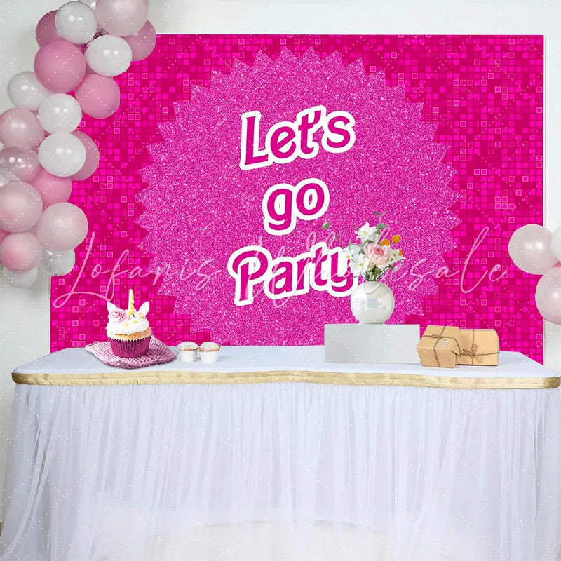 Lofaris Pink Glitter Party Birthday Backdrop with Lets Go Party Text Vibrant Pixelated Background for Celebration Photoshoot