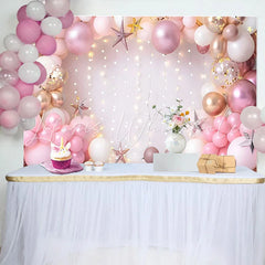 Lofaris Pink Gold Balloon Arch Birthday Cake Smash Backdrop String Lights Stars Girl Princess Party Photography Background Decor