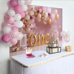 Lofaris Pink Gold Balloon First Birthday Cake Smash Backdrop Floral Birdcage Butterfly ONE Girl Party Background