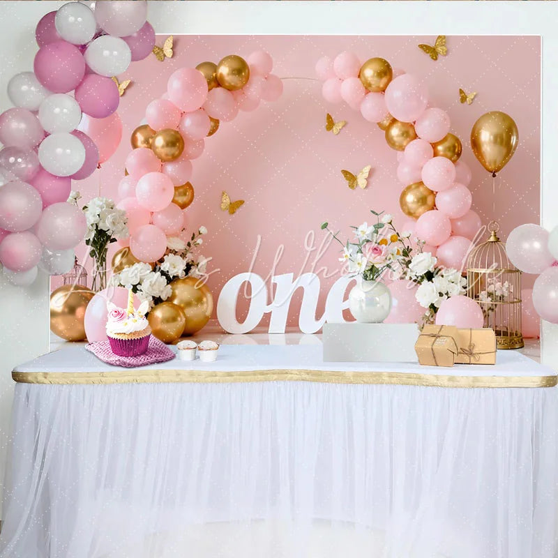 Lofaris Pink Gold Balloon First Birthday Cake Smash Backdrop White ONE Sign Butterfly Floral Girl Party Background
