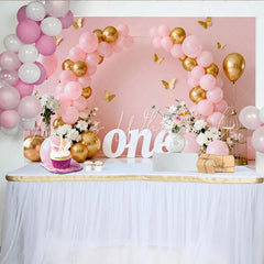 Lofaris Pink Gold Balloon First Birthday Cake Smash Backdrop White ONE Sign Butterfly Floral Girl Party Background