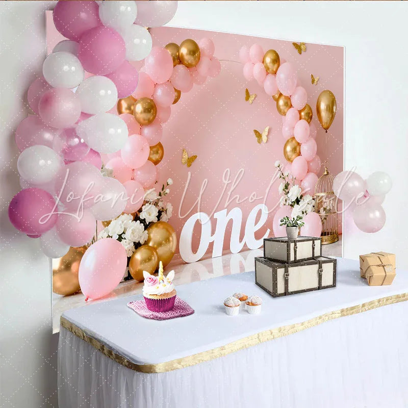 Lofaris Pink Gold Balloon First Birthday Cake Smash Backdrop White ONE Sign Butterfly Floral Girl Party Background