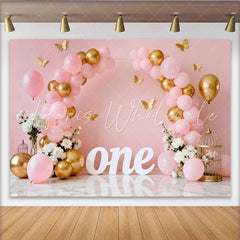 Lofaris Pink Gold Balloon First Birthday Cake Smash Backdrop White ONE Sign Butterfly Floral Girl Party Background