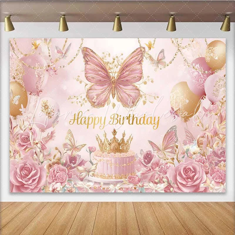 Lofaris Pink Gold Butterfly Backdrop Luxury Crown Cake Background Royal Princess Birthday Party Prop