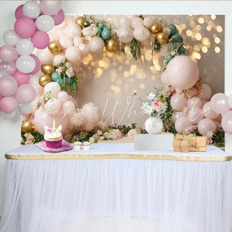 Lofaris Pink Gold Floral Balloon Photography Backdrop with Bokeh Lights Elegant Party Decor for Studio Photoshoot