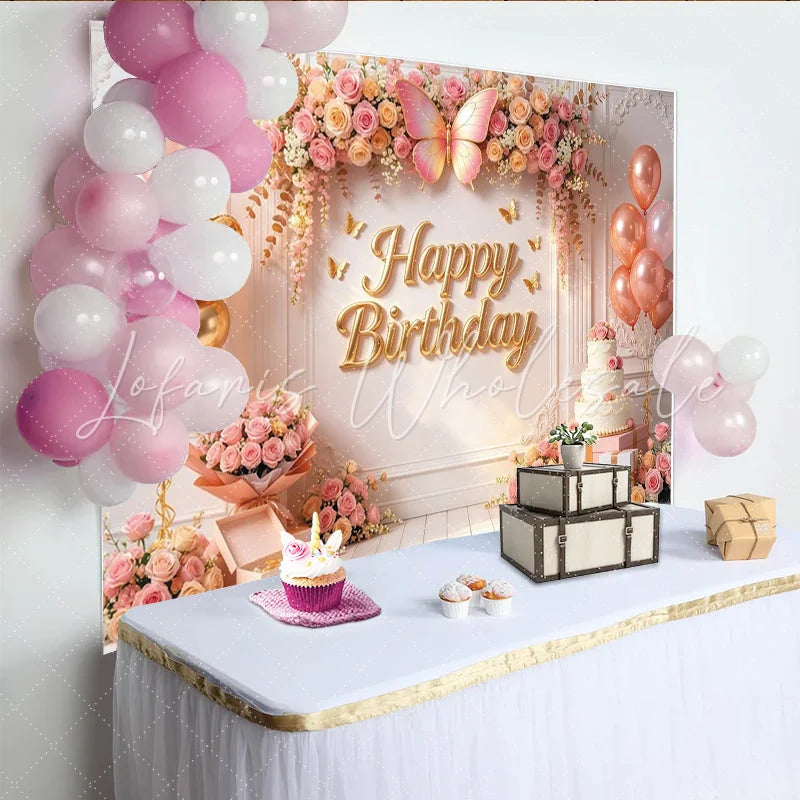 Lofaris Pink Gold Floral Butterfly Birthday Backdrop with Balloons and Cake Elegant Party Background for Girls Women Photoshoot
