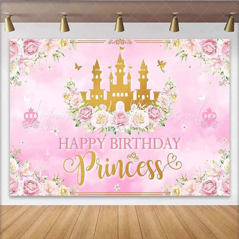 Lofaris Pink Gold Princess Birthday Backdrop with Castle and Flowers for Girls Elegant Party Background for Photoshoot Decoration