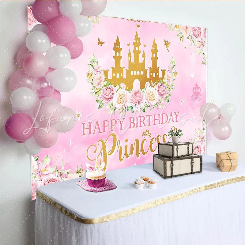 Lofaris Pink Gold Princess Birthday Backdrop with Castle and Flowers for Girls Elegant Party Background for Photoshoot Decoration