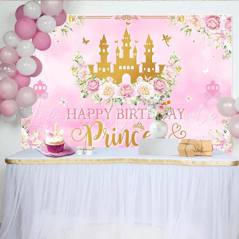 Lofaris Pink Gold Princess Birthday Backdrop with Castle and Flowers for Girls Elegant Party Background for Photoshoot Decoration