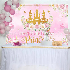 Lofaris Pink Gold Princess Birthday Backdrop with Castle and Flowers for Girls Elegant Party Background for Photoshoot Decoration