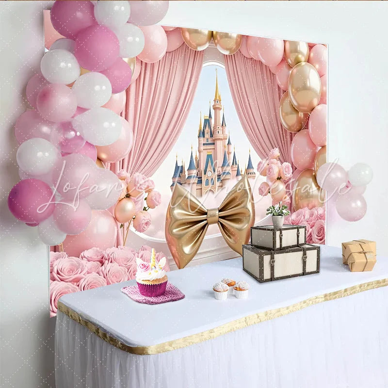 Lofaris Pink Gold Princess Castle Birthday Backdrop with Balloons Elegant Fairy Tale Photography Background for Girl’s Party Decor
