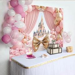 Lofaris Pink Gold Princess Castle Birthday Backdrop with Balloons Elegant Fairy Tale Photography Background for Girl’s Party Decor