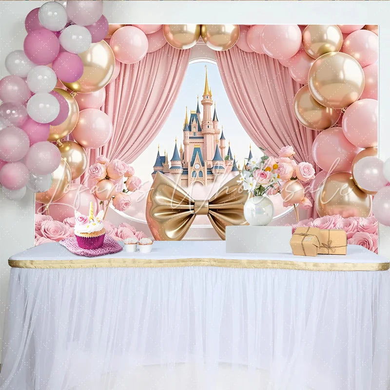 Lofaris Pink Gold Princess Castle Birthday Backdrop with Balloons Elegant Fairy Tale Photography Background for Girl’s Party Decor