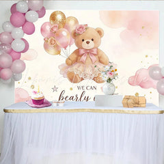 Lofaris Pink Gold Teddy Bear Baby Shower Backdrop with Balloons and Roses Adorable We Can Bearly Wait Background for Party Decor
