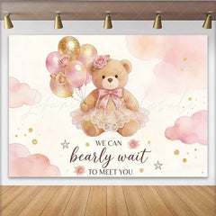 Lofaris Pink Gold Teddy Bear Baby Shower Backdrop with Balloons and Roses Adorable We Can Bearly Wait Background for Party Decor