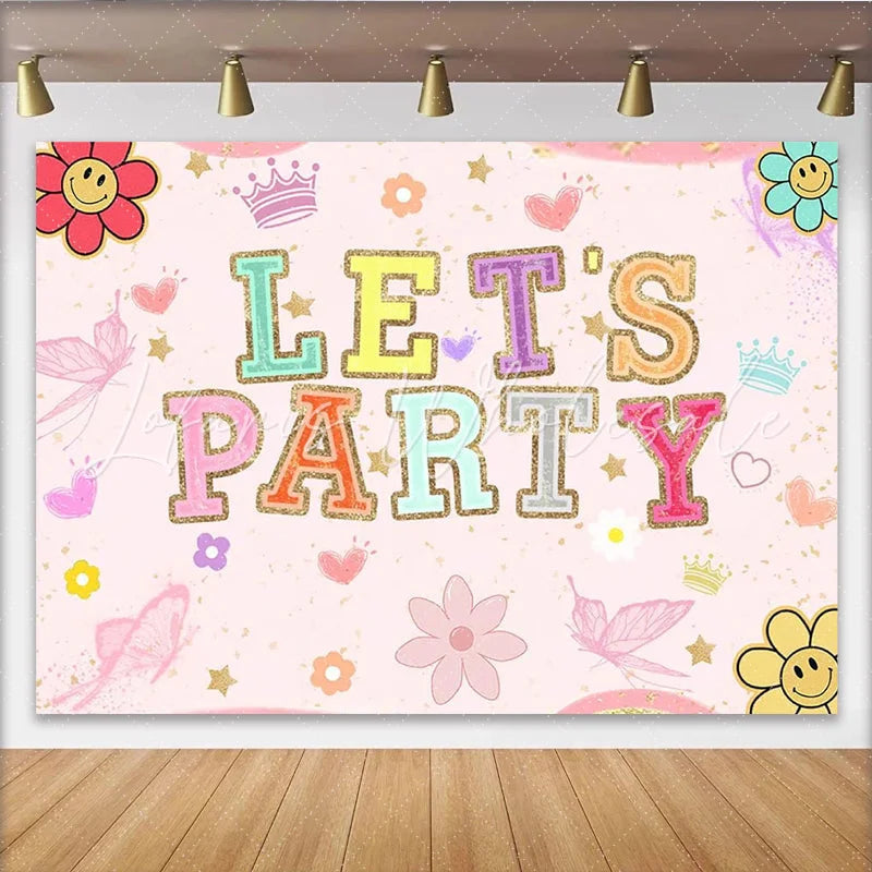 Lofaris Pink Groovy Let’s Party Birthday Backdrop with Colorful Glitter Letters Fun Photo Booth Background for Girls Celebration.