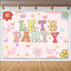 Lofaris Pink Groovy Let’s Party Birthday Backdrop with Colorful Glitter Letters Fun Photo Booth Background for Girls Celebration.