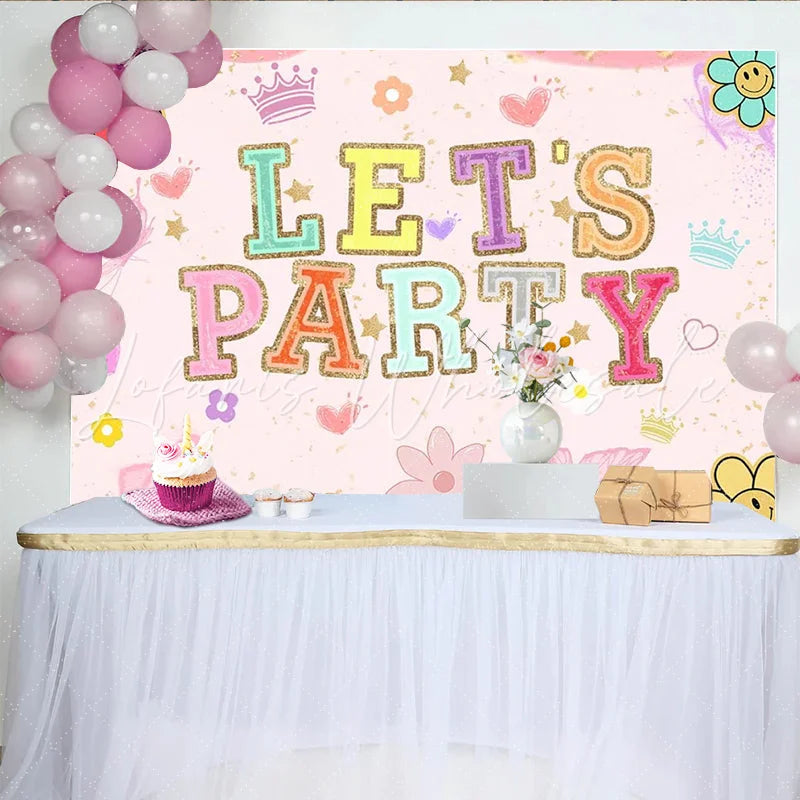 Lofaris Pink Groovy Let’s Party Birthday Backdrop with Colorful Glitter Letters Fun Photo Booth Background for Girls Celebration.