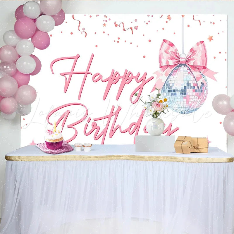 Lofaris Pink Happy Birthday Disco Ball Backdrop with Confetti and Stars Sparkling Party Background for Girls Celebration