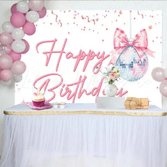 Lofaris Pink Happy Birthday Disco Ball Backdrop with Confetti and Stars Sparkling Party Background for Girls Celebration