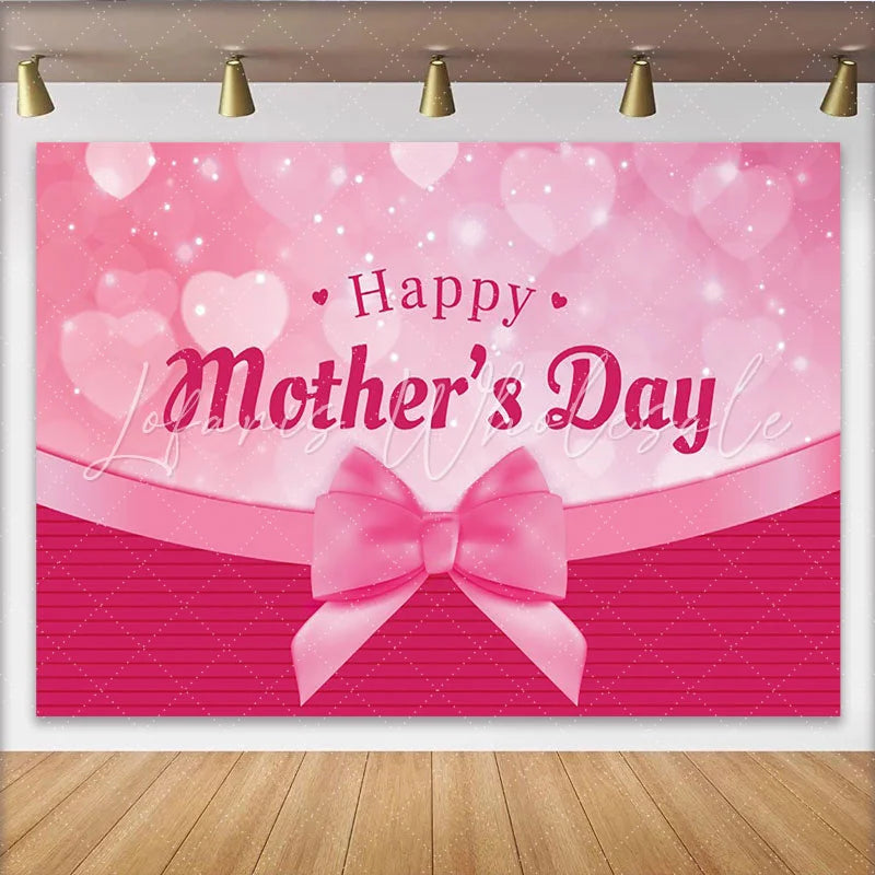 Lofaris Pink Happy Mother’s Day Backdrop with Bokeh Hearts and Ribbon Bow Elegant Background for Celebration Party Decor