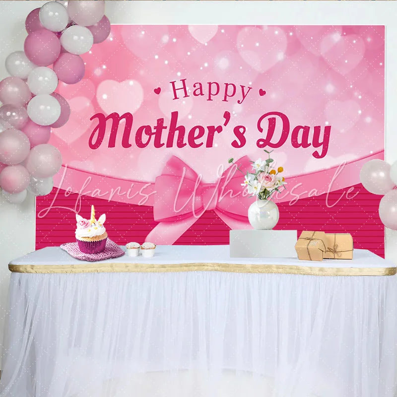 Lofaris Pink Happy Mother’s Day Backdrop with Bokeh Hearts and Ribbon Bow Elegant Background for Celebration Party Decor