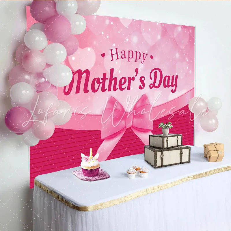 Lofaris Pink Happy Mother’s Day Backdrop with Bokeh Hearts and Ribbon Bow Elegant Background for Celebration Party Decor