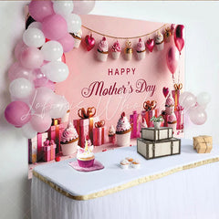 Lofaris Pink Happy Mother’s Day Backdrop with Sweet Cupcakes Balloons Party Background for Celebration and Photoshoot
