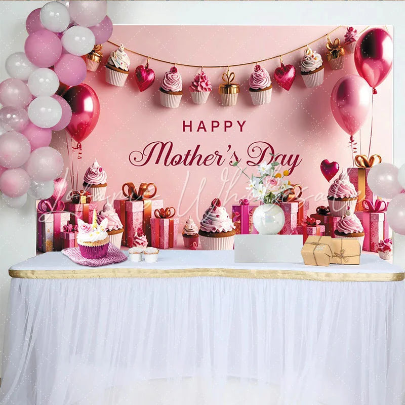 Lofaris Pink Happy Mother’s Day Backdrop with Sweet Cupcakes Balloons Party Background for Celebration and Photoshoot