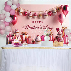 Lofaris Pink Happy Mother’s Day Backdrop with Sweet Cupcakes Balloons Party Background for Celebration and Photoshoot