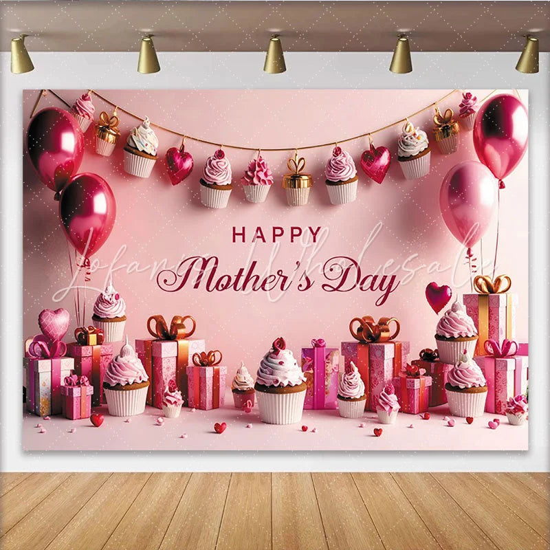 Lofaris Pink Happy Mother’s Day Backdrop with Sweet Cupcakes Balloons Party Background for Celebration and Photoshoot